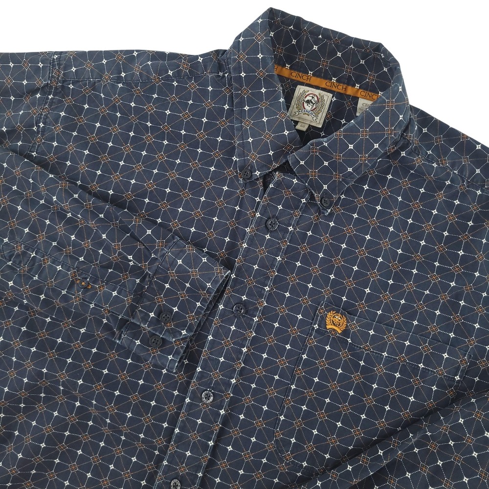 Cinch Shirt Mens M Blue Geometric Long Sleeve Button Down Western Cotton Casual